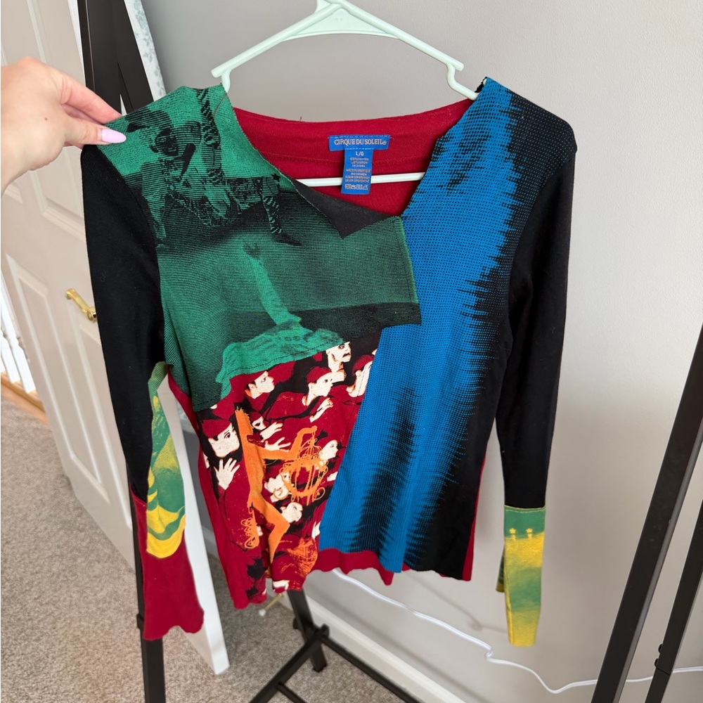 90s Cirque Se Soleil Multicolor Patchwork V-Neck Sweater - Green/Blue/Red